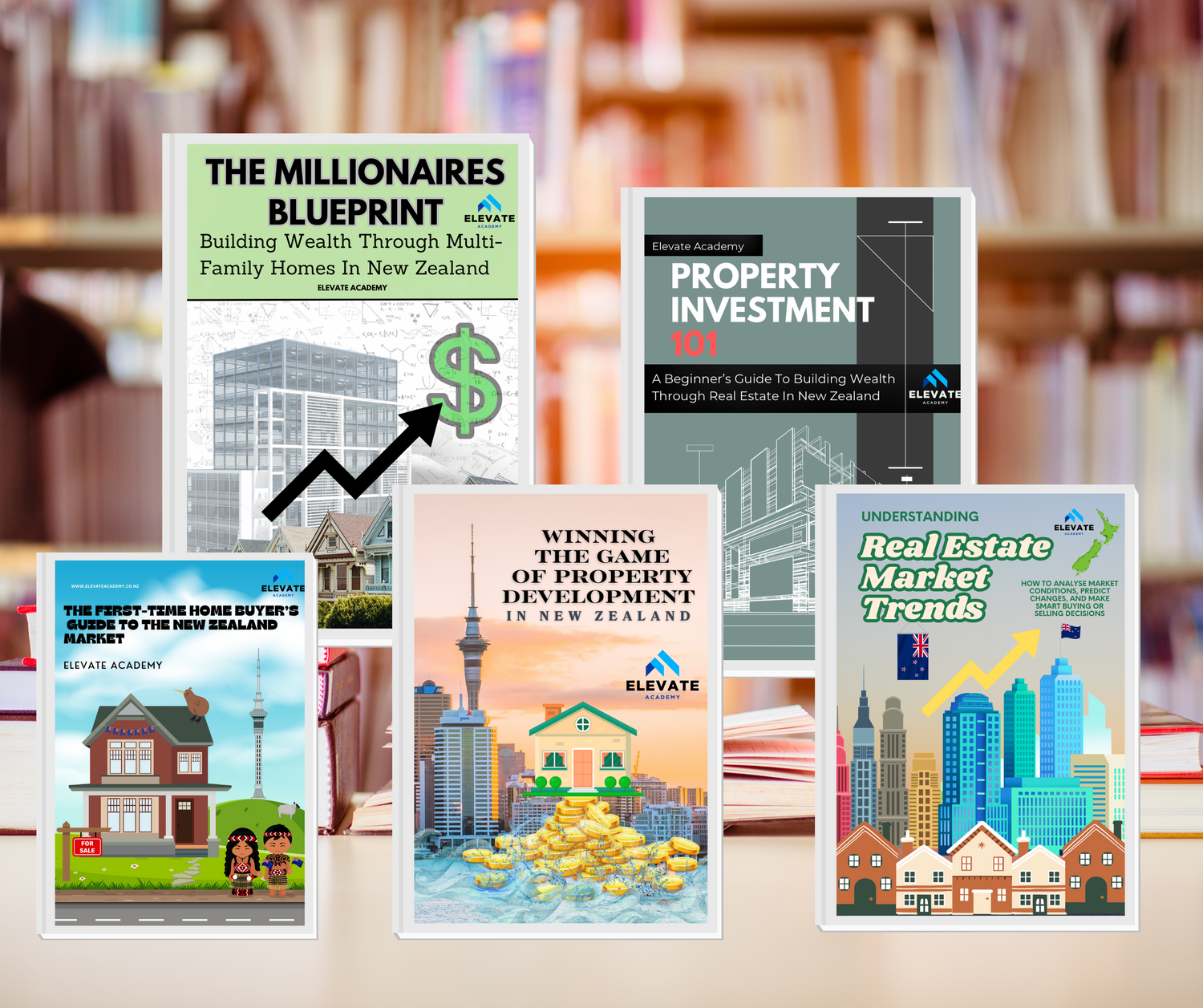 Collection of Elevate Academy ebooks on finance, business, and property investment in New Zealand